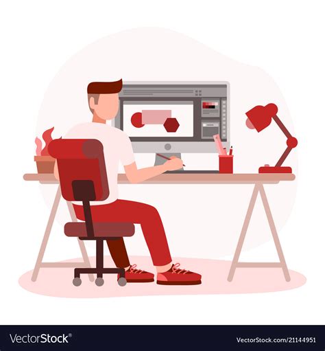 Man Graphic Designer Working On Computer Vector Image