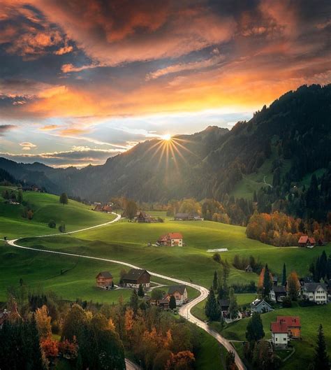 The Perfect Sunset Burst Of Beautiful Swiss Countryside