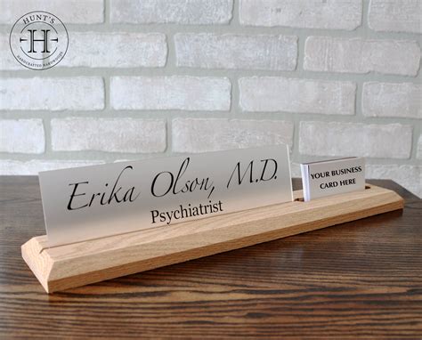 Desk Name Plate With Attached Business Card Holder Card Etsy Desk