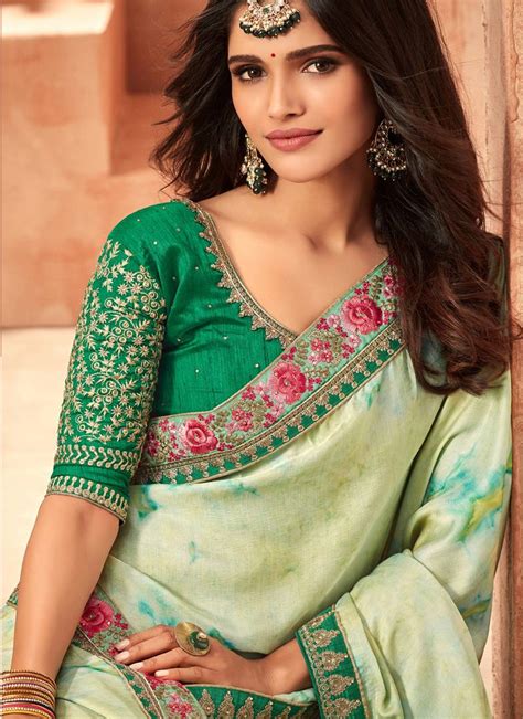 Light Green Embroidered Silk Saree With Blouse Monjolika 2727673