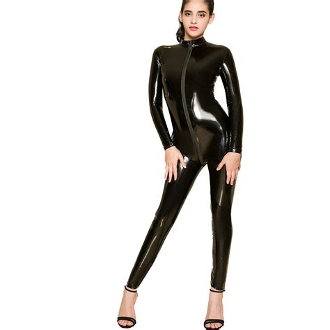 Buy Iwemek Women Wet Look Jumpsuit Faux Leather Catsuit Zipper Crotch Clubwear High Shine Long