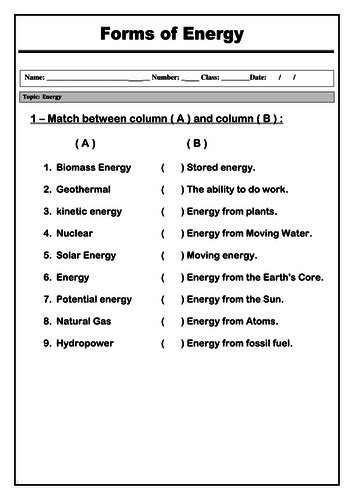 Forms Of Energy Matching Worksheet Teaching Resources