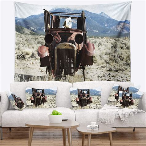 Designart 'Retro Car in Mountainous Tapestry Bla Landscape Baltimore