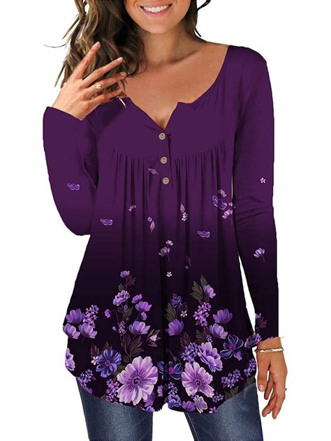 Amart Women Summer Floral Print Long Sleeve Tunic Tops Casual Blouse