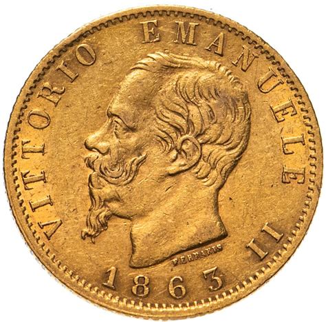 Италия 20 лир Lire 1863 с портретом Виктора Эммануила Ii стоимостью 49207 руб