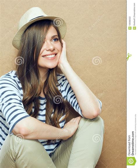 Smiling Woman Sitting With Crossed Legs Stock Photo Image Of Long