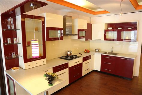 Impressive Kitchen Space With Red And White Interior And Wooden Floor