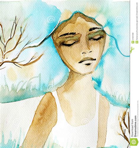 illustration depicting a watercolor portrait of a staring woman stock image
