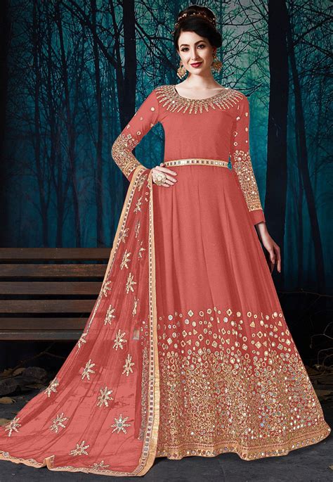 Embroidered Georgette Abaya Style Suit In Peach Kch7408