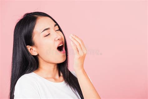 Woman Emotions Tired And Sleepy Her Yawning Covering Mouth Open By Hand
