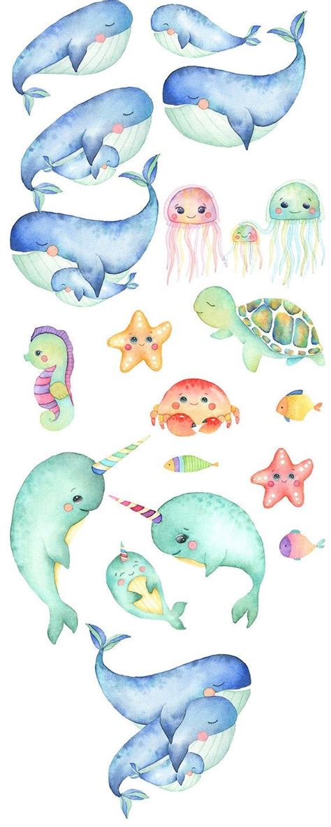 Sea Animals Png, Watercolor Clipart, Whale, Jellyfish, Turtle, Narwhal