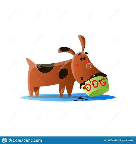 Brown Cartoon Dog And Food Bowl Isolated On White Background Stock