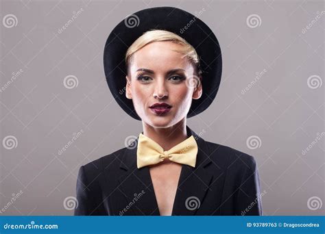 Beautiful Woman Wearing Hat On Gray Background Stock Image Image Of