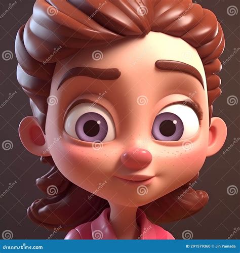 Cute Cartoon Girl With Brown Hair And Big Eyes 3d Render Stock