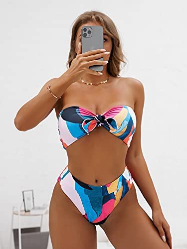 reviews for shein women s graphic swimsuit tie front bandeau and high waist panty bikini set