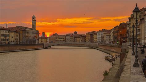 Pisa River Between Building In Italy During Sunset Hd Travel Wallpapers