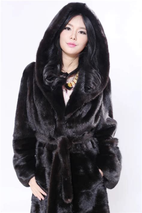 genuine mink fur coat with big hood length 115cm with large size xl 6xl dark mahogony natural