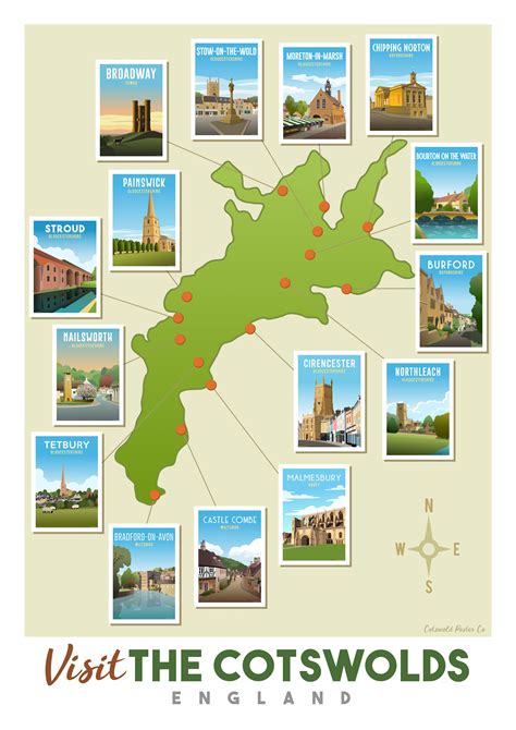 Cotswold Map Poster Art Print Popular Towns Villages Tourist Region