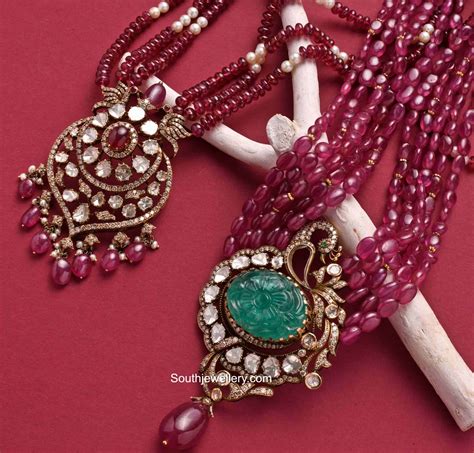 Ruby Beads Necklaces With Polki Diamond Pendants Indian Jewellery Designs