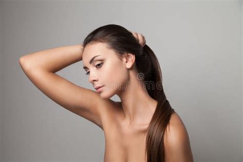 female holding hair with hands stock image image of woman horizontal 87977697