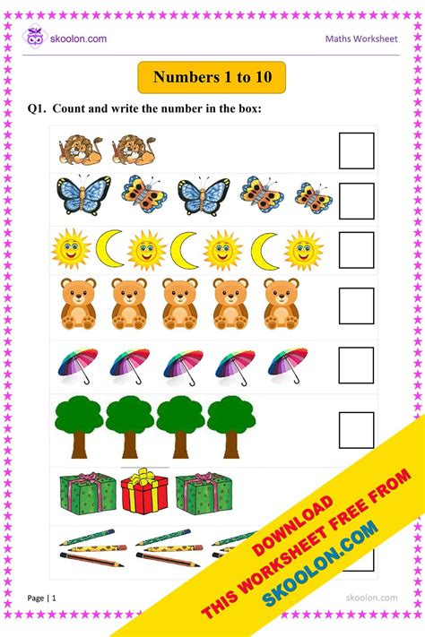 Numbers 1 to 10 worksheets for kindergarten
