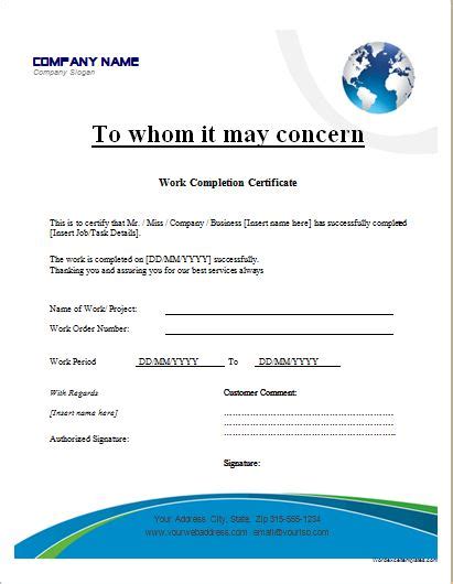 Work Completion Certificate Templates For Ms Word Word And Excel Templates