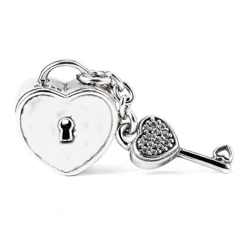 New Sterling Silver Bead Charm Smooth Love Heart Lock Key With Crystal Pendant Beads Fit