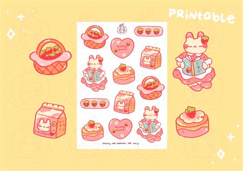 Strawberry Bunny Part Two Sticker Sheet Printable Digital File Printable Stickers Cute