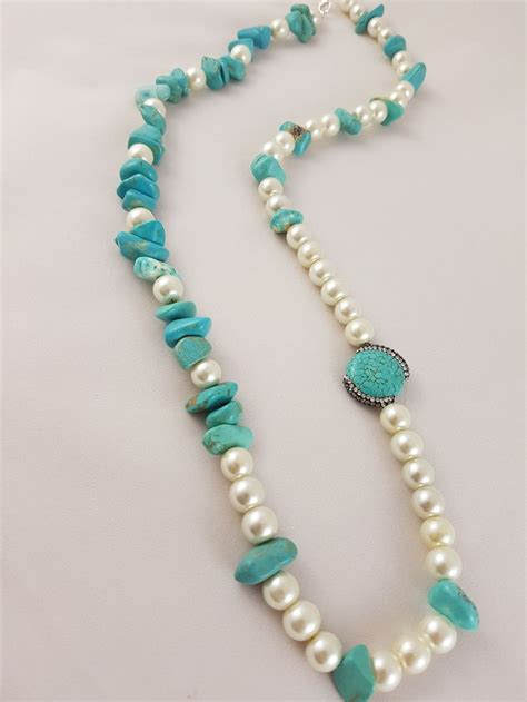 Long Turquoise With Pearls Necklace With Swarovski By