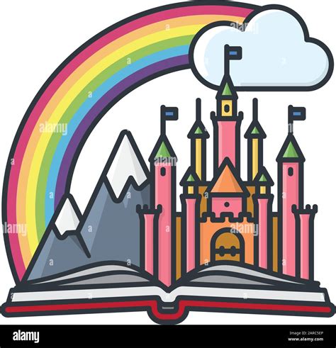 Fairy Tale Concept Isolated Castle Rainbow And Mountains In A Book