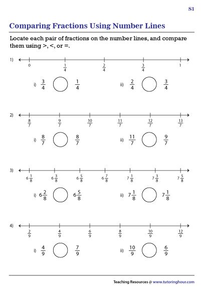 Comparing Fractions Using Number Lines Worksheets