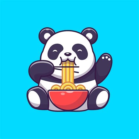 Cute Panda Eat Ramen Noodle Icon Illustration Panda Mascot Cartoon