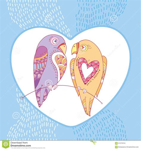 Couple Of Parrots In Love With White Heart On The Blue Striped