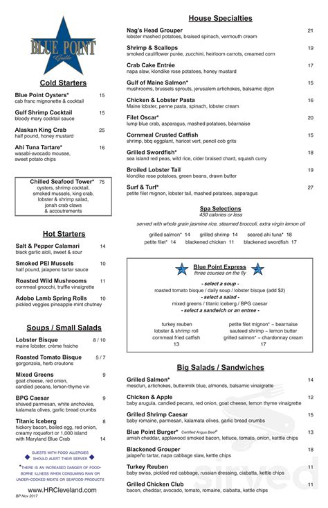 Blue Point Grille Menu In Cleveland Ohio Usa