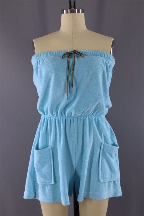 Vintage 1980s Sky Blue Terry Cloth Strapless Romper Playsuit