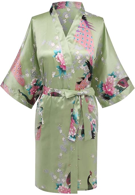 Expressbuynow Womens Peacock Short Bridal Kimono Robe Satin Bridesmaid Dressing Gown Sleepwear