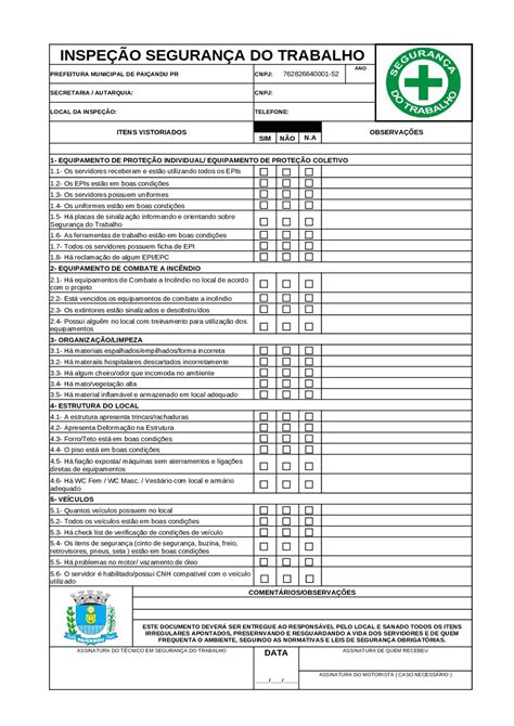 Formulario Check List Segurança Do Trabalho Docsity