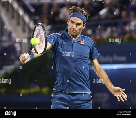 Swiss Tennis Player Roger Federer Playing Backhand Shot During Dubai