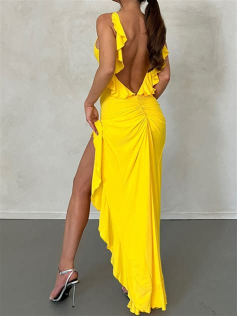 Sexy Backless Maxi Dress For Women Fashion Strap Ruffle Summer Dress Yellow Elegant Irregular