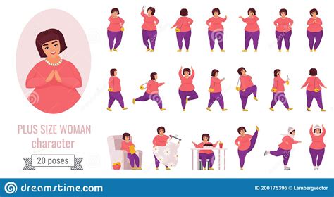 plus size woman poses set with cartoon cute fat character stock vector illustration of lady