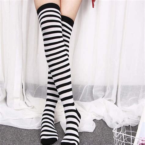 Black White Striped Long Stocking Women Warm Cotton Striped Thigh High