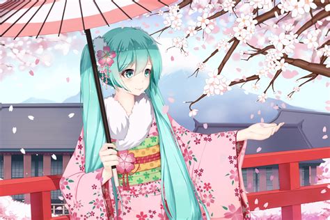 Anime Girls Long Hair Hatsune Miku Vocaloid Cherry Blossom