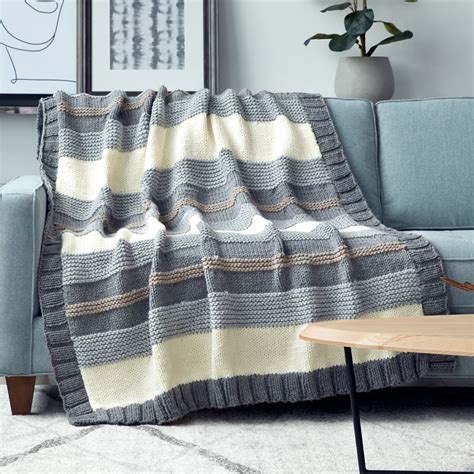 Bernat Simple Stripe Knit Blanket Gray Yarnspirations Knitted