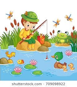 The boy sits on a rock and catches fish in a pond. Vector ...