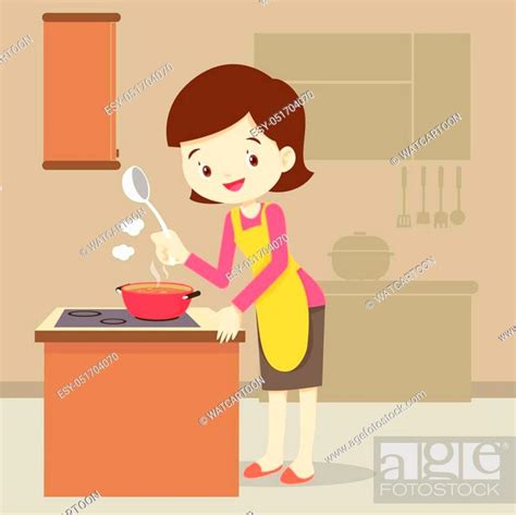 Mom Cooking In Kitchen Vector Cartoon Illustration Woman Cooking And Presenting At Kitchen