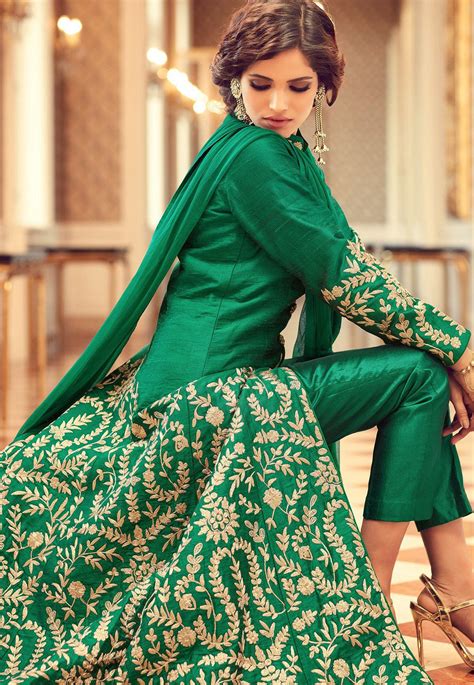 Buy Green Color Tafetta Silk Party Wear Anarkali Suit In Uk Usa And Canada