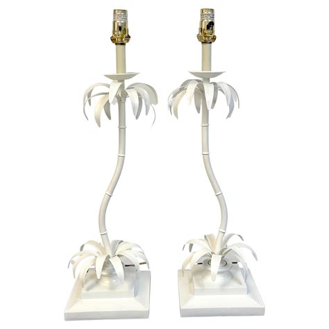 Pair Of Hollywood Regency Style White Tole Palm Tree Table Lamps At