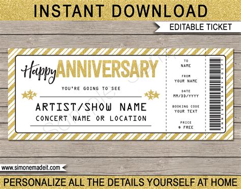 • you can download your template immediately following checkout. Anniversary Gift Concert Ticket template | Surprise ...