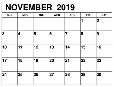 November 2019 Calendar Large Print Calendar Printables Printable