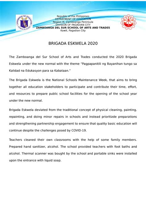 Brigada Eskwela 2020 Narrative Report Department Of Educationrepublic